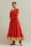 Buy_Ikshita Choudhary_Orange Chanderi, Organza Sequins, Embroidery V-neck Anarkali Set _Online_at_Aza_Fashions