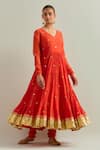 Shop_Ikshita Choudhary_Orange Chanderi, Organza Sequins, Embroidery V-neck Anarkali Set _Online_at_Aza_Fashions