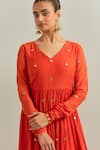 Ikshita Choudhary_Orange Chanderi, Organza Sequins, Embroidery V-neck Anarkali Set _at_Aza_Fashions