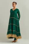 Buy_Ikshita Choudhary_Green Chanderi, Organza Embroidery V-neck Anarkali Set _Online_at_Aza_Fashions
