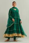 Buy_Ikshita Choudhary_Green Chanderi, Organza Embroidery V-neck Anarkali Set _at_Aza_Fashions