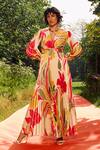 Buy_Zwaan_Beige Satin V-neck Gigi Printed Maxi Dress _at_Aza_Fashions