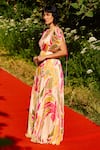 Zwaan_Beige Silk, Shantoon V-neck Printed Tabby Paula Dress _Online_at_Aza_Fashions