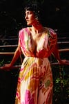 Buy_Zwaan_Beige Silk, Shantoon V-neck Printed Tabby Paula Dress _Online_at_Aza_Fashions