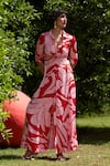 Buy_Zwaan_Red Linen, Satin Collared And Pink Print Dress _at_Aza_Fashions
