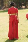 Shop_Zwaan_Red Cotton Satin Embroidery V-neck Margo Dress _at_Aza_Fashions