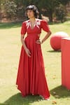 Buy_Zwaan_Red Cotton Satin Embroidery V-neck Margo Dress _at_Aza_Fashions