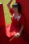 Buy_Zwaan_Red Cotton Satin Embroidery V-neck Margo Dress _Online_at_Aza_Fashions