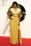 Buy_Zwaan_Yellow Linen, Shantoon Embroidery V-neck Lola Dress _at_Aza_Fashions