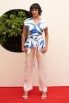 Buy_Zwaan_Blue Linen, Satin V-neck And White Print Top & Pant Set _at_Aza_Fashions