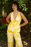 Zwaan_Yellow Linen, Satin V-neck Floral Peplum Top And Straight Pant Set _Online_at_Aza_Fashions