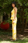 Buy_Zwaan_Yellow Linen, Satin V-neck Floral Peplum Top And Straight Pant Set _Online_at_Aza_Fashions