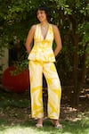 Buy_Zwaan_Yellow Linen, Satin V-neck Floral Peplum Top And Straight Pant Set _at_Aza_Fashions