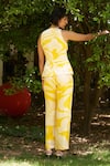 Shop_Zwaan_Yellow Linen, Satin V-neck Floral Peplum Top And Straight Pant Set _at_Aza_Fashions