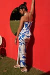 Shop_Zwaan_Blue Linen, Shantoon, Satin Square Neck And White Printed Peplum Corset Set _at_Aza_Fashions