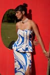 Shop_Zwaan_Blue Linen, Shantoon, Satin Square Neck And White Printed Peplum Corset Set _Online_at_Aza_Fashions
