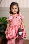Kirti Agarwal - Pret N Couture_Red Cotton Applique, Fabric Flowers Gingham Peplum Top And Pant Set _Online_at_Aza_Fashions