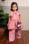 Buy_Kirti Agarwal - Pret N Couture_Red Cotton Applique, Fabric Flowers Gingham Peplum Top And Pant Set _at_Aza_Fashions