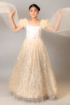 Shop_Kirti Agarwal - Pret N Couture_Gold Net, Silk Sequins Embellished Gown _at_Aza_Fashions