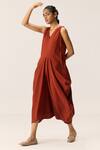 Buy_Kharakapas_Red Cotton V-neck Brick Muse Dress _Online_at_Aza_Fashions