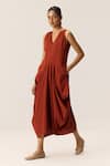 Shop_Kharakapas_Red Cotton V-neck Brick Muse Dress _Online_at_Aza_Fashions
