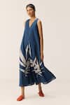 Kharakapas_Blue Cotton V-neck Fern Designer Jumpsuit _Online_at_Aza_Fashions