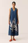 Buy_Kharakapas_Blue Cotton V-neck Fern Designer Jumpsuit _at_Aza_Fashions