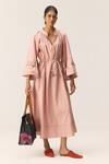 Buy_Kharakapas_Pink Cotton Mandarin Collar Rose Tier Dress _at_Aza_Fashions