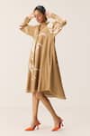 Buy_Kharakapas_Brown Cotton Mandarin Collar Designer Camel Dune Dress _Online_at_Aza_Fashions
