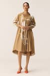 Buy_Kharakapas_Brown Cotton Mandarin Collar Designer Camel Dune Dress _at_Aza_Fashions