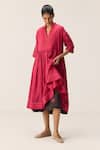 Buy_Kharakapas_Pink Cotton Split V-neck Berry Beam Dress _Online_at_Aza_Fashions