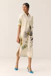 Kharakapas_Off White Cotton Collared Floral Whisper Dress _Online_at_Aza_Fashions