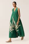 Kharakapas_Green Cotton Embroidery V-neck Clover Mul Jumpsuit _Online_at_Aza_Fashions