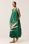 Buy_Kharakapas_Green Cotton Embroidery V-neck Clover Mul Jumpsuit _Online_at_Aza_Fashions