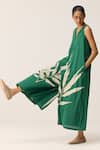 Shop_Kharakapas_Green Cotton Embroidery V-neck Clover Mul Jumpsuit _Online_at_Aza_Fashions