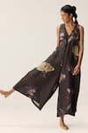 Buy_Kharakapas_Gray Linen V-neck Nightshade Blooms Jumpsuit _at_Aza_Fashions