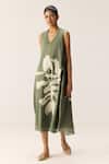 Kharakapas_Green Cotton V-neck Faded Herb Dress _Online_at_Aza_Fashions