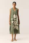Buy_Kharakapas_Green Cotton V-neck Faded Herb Dress _at_Aza_Fashions