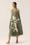 Buy_Kharakapas_Green Cotton V-neck Faded Herb Dress _Online_at_Aza_Fashions