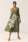 Kharakapas_Green Cotton V-neck Faded Herb Dress _at_Aza_Fashions