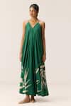 Buy_Kharakapas_Green Cotton V-neck Tender Fern Dress _at_Aza_Fashions