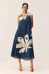 Kharakapas_Blue Cotton V-neck Dust Storm Navy Dress _at_Aza_Fashions