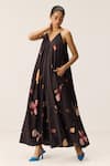 Kharakapas_Charcoal Cotton V-neck Floral Maxi Dress _Online_at_Aza_Fashions