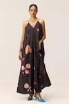 Buy_Kharakapas_Charcoal Cotton V-neck Floral Maxi Dress _at_Aza_Fashions