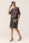 Buy_Kharakapas_Charcoal Linen V-neck Floral Print Dress _Online_at_Aza_Fashions