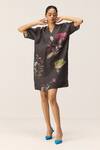 Buy_Kharakapas_Charcoal Linen V-neck Floral Print Dress _at_Aza_Fashions