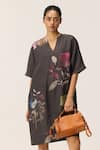 Shop_Kharakapas_Charcoal Linen V-neck Floral Print Dress _Online_at_Aza_Fashions