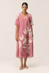 Buy_Kharakapas_Pink Cotton V-neck Coral Meadow Dress _Online_at_Aza_Fashions