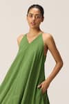 Kharakapas_Green Cotton V-neck Forest Blush Dress _Online_at_Aza_Fashions