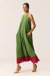 Buy_Kharakapas_Green Cotton V-neck Forest Blush Dress _Online_at_Aza_Fashions